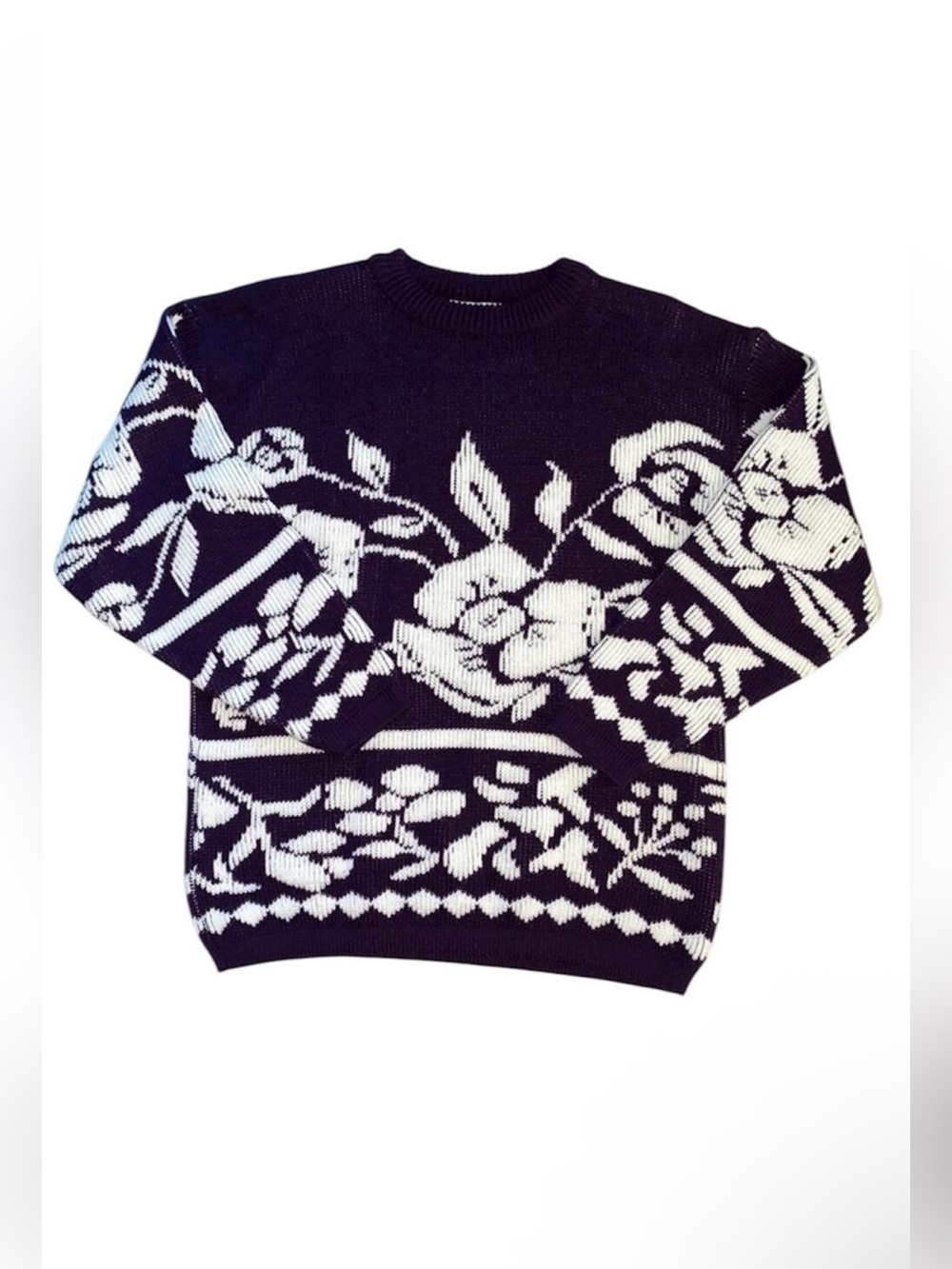 Vintage United States Purple & White Retro Whimsical Y2K Floral Sweater Medium